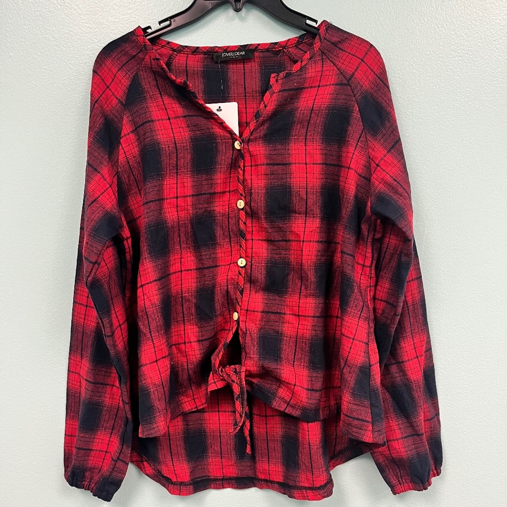 Loveu.dear front tie plaid shirt in red/black size L.